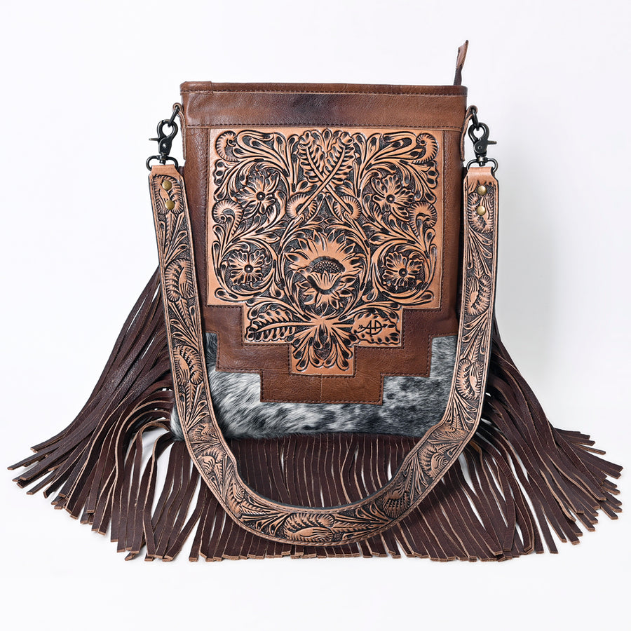 American Darling Messenger Bag, Hand Tooled Floral Leather, Hair-On Cowhide with Fringes, Western Crossbody Travel Purse