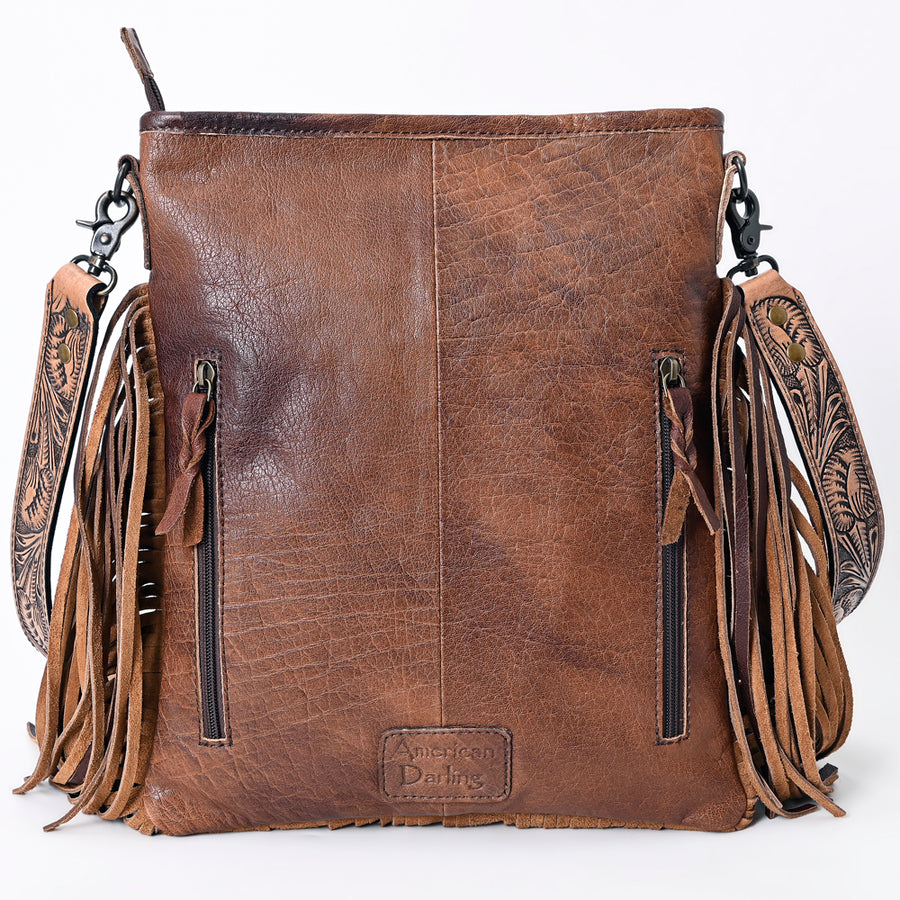 American Darling Messenger Bag, Hand Tooled Floral Leather, Hair-On Cowhide with Fringes, Western Crossbody Travel Purse