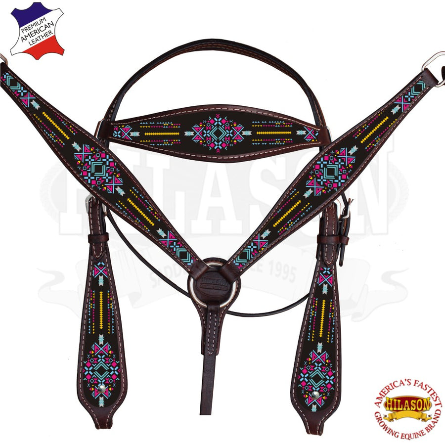W. H. Headstall Breast Collar Set American Leather Aztec Hilason – by Hilason – Cowboy and equestrian accessories