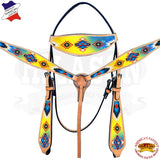 HILASON Western Horse Headstall Breast Collar Set American Leather Aztec | Leather Headstall | Leather Breast Collar | Tack Set for Horses | Horse Tack Set