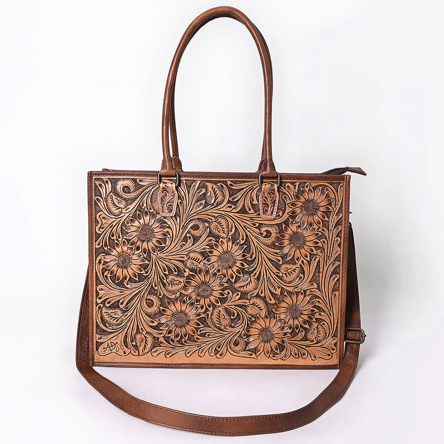 American Darling Tote Bag Handcrafted from Hand Tooled Floral Carved Genuine Leather with YKK Zipper and Large Capacity