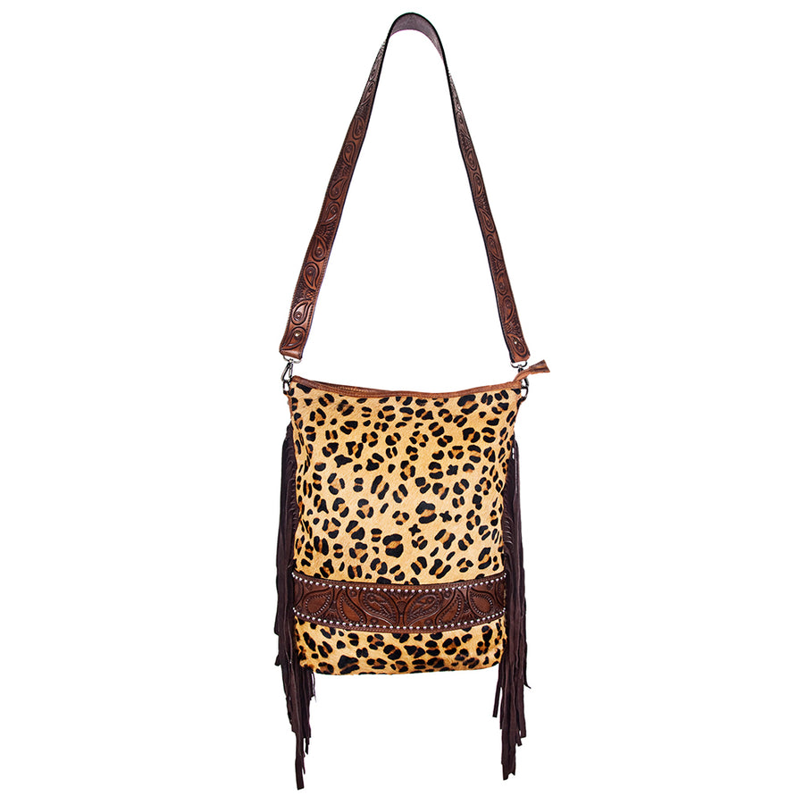 American Darling Large Cross body Bag Hand Tooled Floral Carved Leather Hair-On Cowhide with Fringes