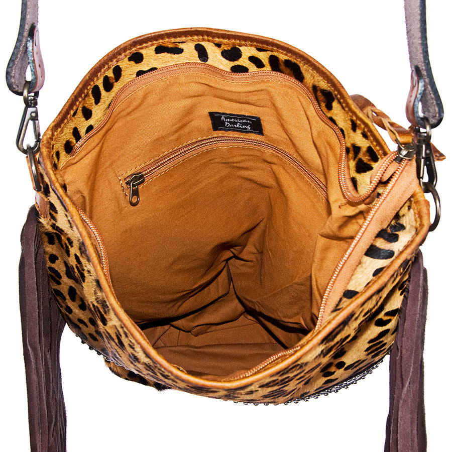 American Darling Large Cross body Bag Hand Tooled Floral Carved Leather Hair-On Cowhide with Fringes