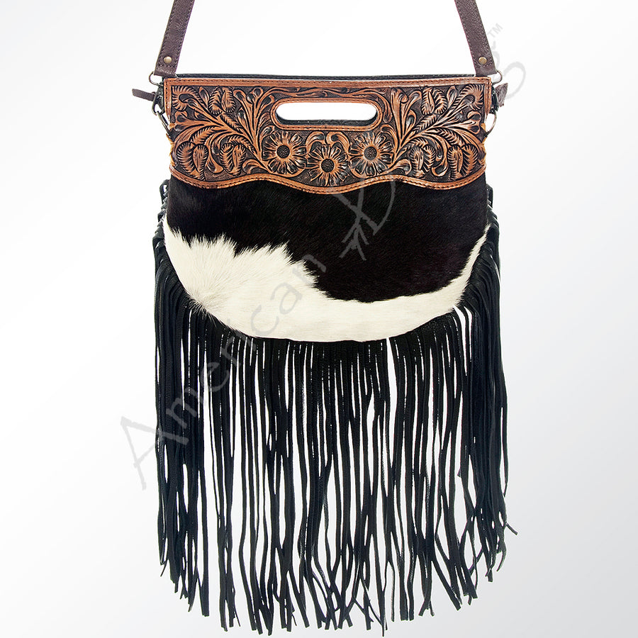 American Darling Western Leather Clutch Bag Hand Tooled Floral Carved Cowhide Purse with Fringes and YKK Zipper