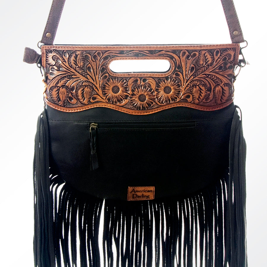 American Darling Western Leather Clutch Bag Hand Tooled Floral Carved Cowhide Purse with Fringes and YKK Zipper