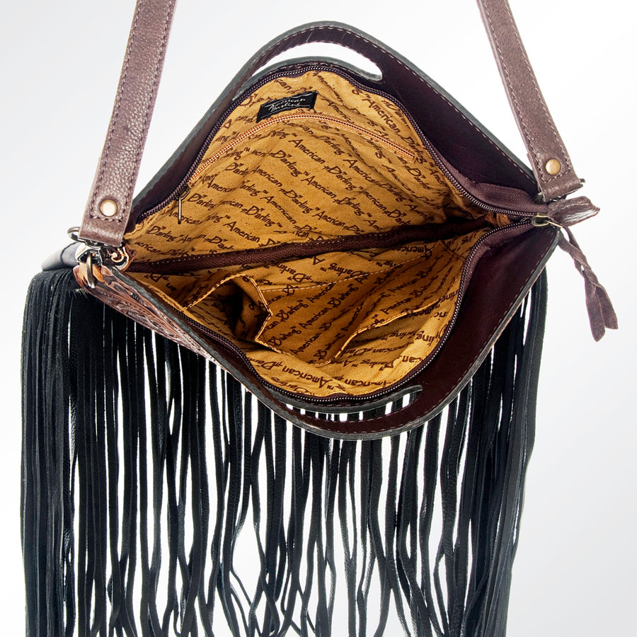 American Darling Western Leather Clutch Bag Hand Tooled Floral Carved Cowhide Purse with Fringes and YKK Zipper