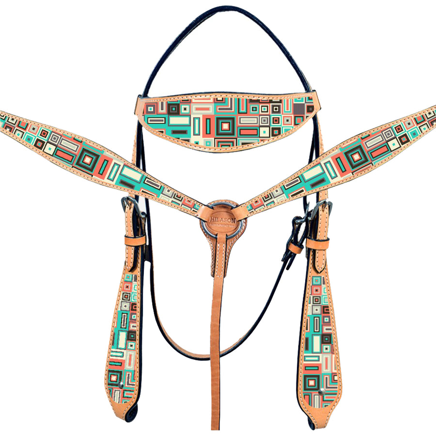 Western Horse Headstall Breast Collar Set American Leather Aztec Hilason