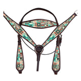 HILASON Western Horse Headstall Breast Collar Set American Leather Aztec | Leather Headstall | Leather Breast Collar | Tack Set for Horses | Horse Tack Set