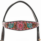 HILASON Western Horse Headstall Breast Collar & Spur Strap Tack Set American Leather Floral Carving