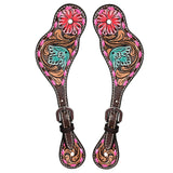 Hilason Western Spur Strap American Leather Floral Carving Dark Brown Hand Paint