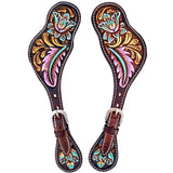 Hilason Western Spur Strap American Leather Floral Carving Dark Brown Hand Paint