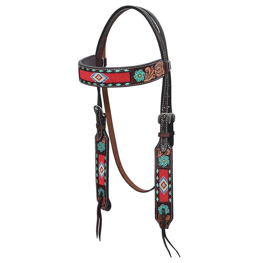 HILASON Western Horse Headstall Tack American Leather Red Beaded Inlay - Uhorse