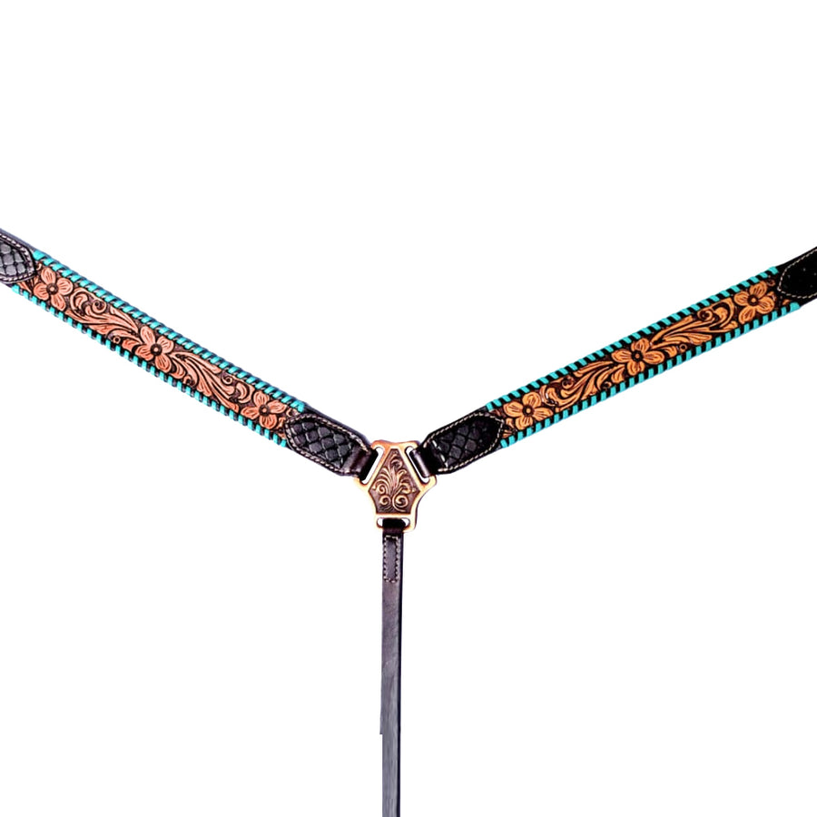 HILASON Western Horse Breast Collar American Leather Floral Teal Buckstich - Uhorse