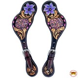 Hilason Western Spur Strap American Leather Floral Carving Dark Brown Hand Paint