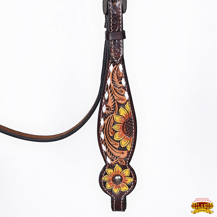 Hilason Western Horse Headstall Breast Collar Wither Strap Leather Sunflower Carving | Tack for Horses