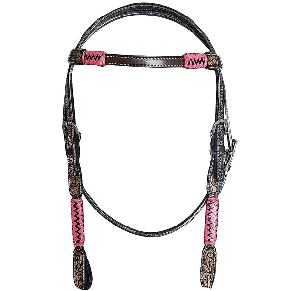 HILASON Western Horse Headstall Leather Floral Carved Accents Pink - Hilason