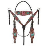 HILASON Western Horse Headstall Breast Collar & Spur Strap Tack Set American Leather Floral Carving