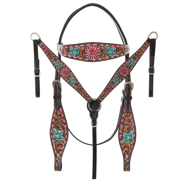 HILASON Floral Painted Beaded American Leather Horse Headstall Breast Collar - Uhorse