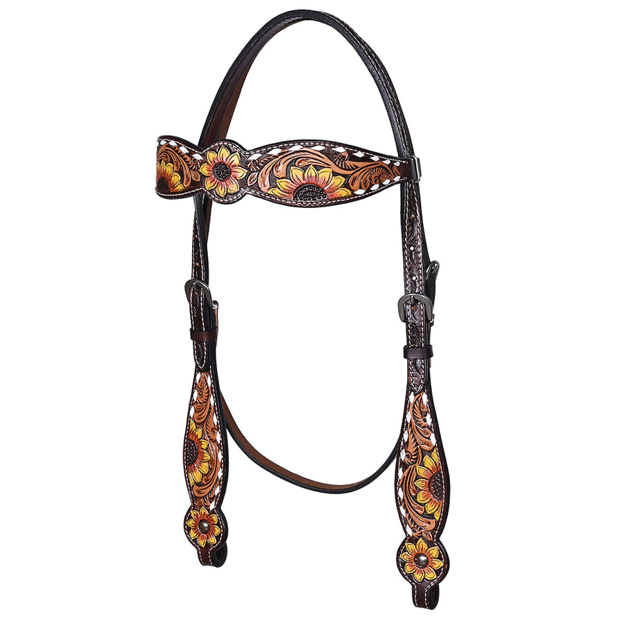 Hilason Western Horse Headstall Breast Collar Wither Strap Leather Sunflower Carving | Tack for Horses