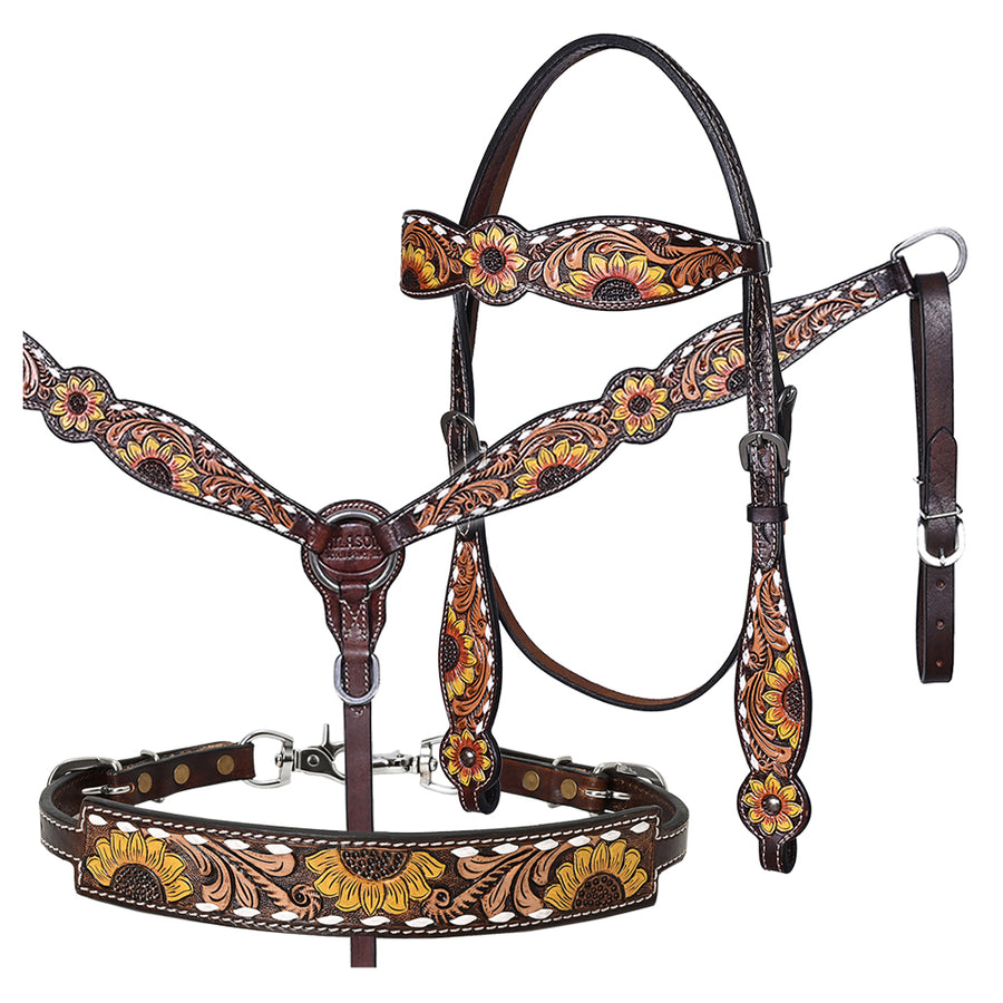 Hilason Western Horse Headstall Breast Collar Wither Strap Leather Sunflower - Uhorse