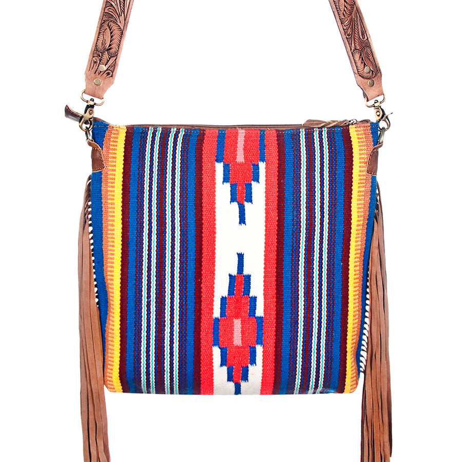 American Darling Signature Cross body Bag Handcrafted from Hand Tooled Floral Leather & Woven Saddle Blanket with Fringes