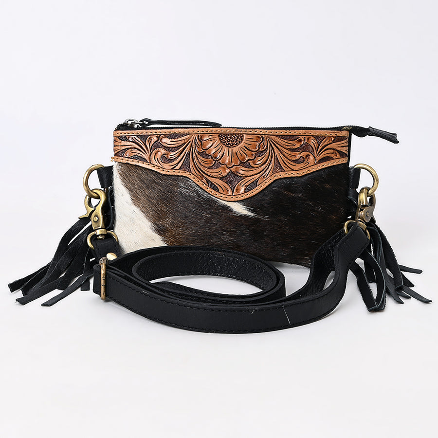 American Darling Small Cross body Bag Handcrafted from Hand Tooled Floral Leather & Hair-On Cowhide with Fringes and YKK Zipper