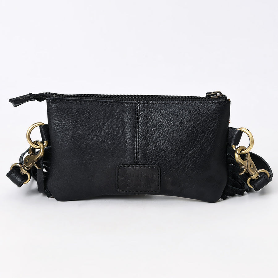 American Darling Small Cross body Bag Handcrafted from Hand Tooled Floral Leather & Hair-On Cowhide with Fringes and YKK Zipper