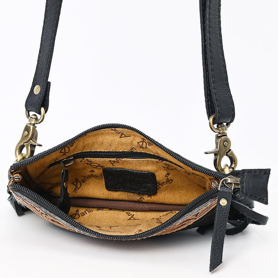 American Darling Small Cross body Bag Handcrafted from Hand Tooled Floral Leather & Hair-On Cowhide with Fringes and YKK Zipper
