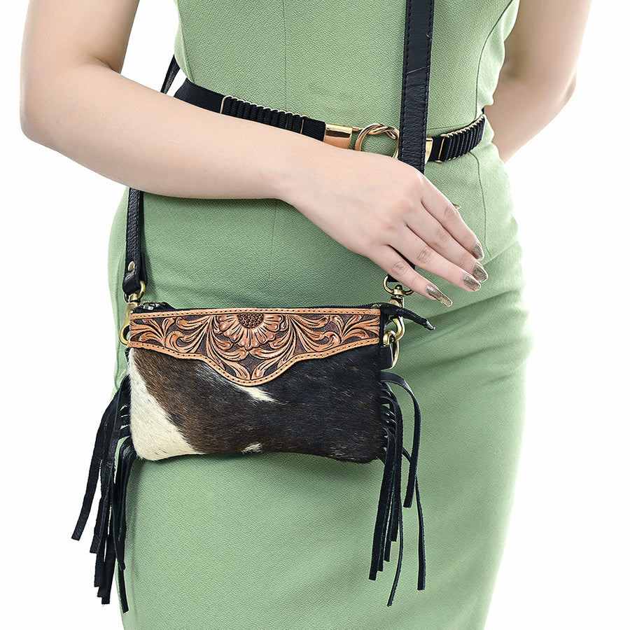 American Darling Small Cross body Bag Handcrafted from Hand Tooled Floral Leather & Hair-On Cowhide with Fringes and YKK Zipper
