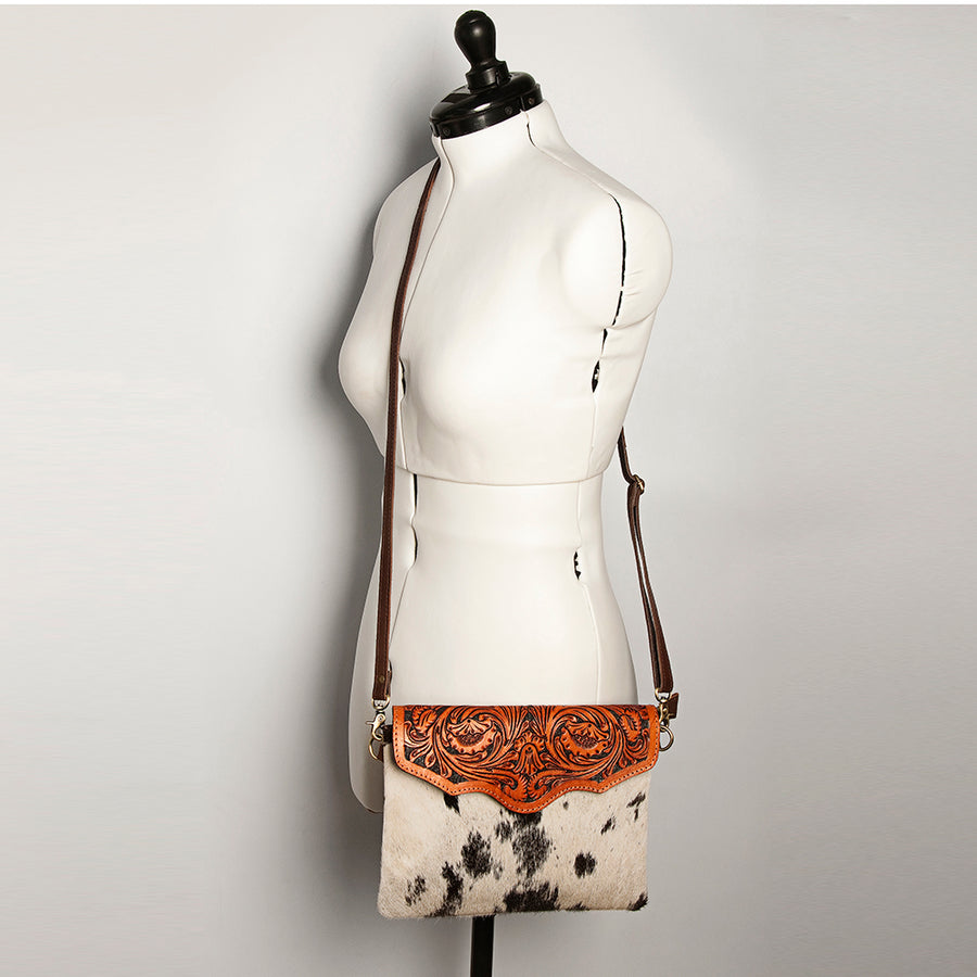 American Darling Envelope Bag Handcrafted from Hand Tooled Floral Leather & Hair-On Cowhide with YKK Zipper