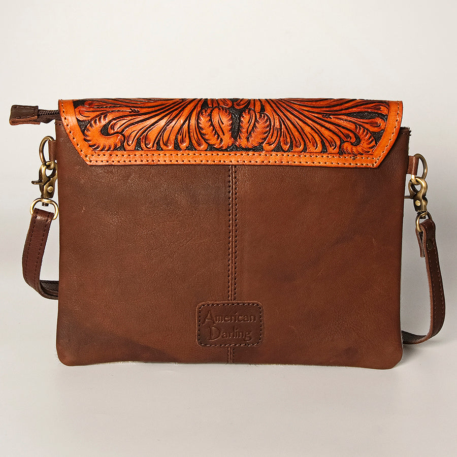 American Darling Envelope Bag Handcrafted from Hand Tooled Floral Leather & Hair-On Cowhide with YKK Zipper