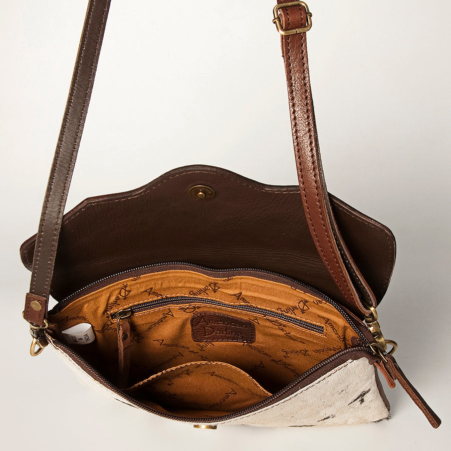 American Darling Envelope Bag Handcrafted from Hand Tooled Floral Leather & Hair-On Cowhide with YKK Zipper