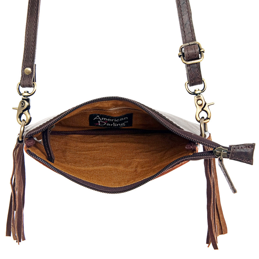 American Darling Small Cross body Bag Handcrafted from Hand Tooled Floral Leather & Hair-On Cowhide with Fringes & YKK Zipper