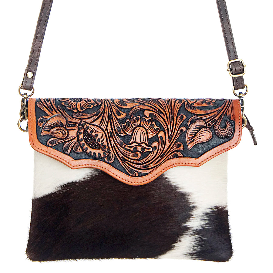 American Darling Envelope Bag Handcrafted from Hand Tooled Floral Leather & Hair-On Cowhide with YKK Zipper
