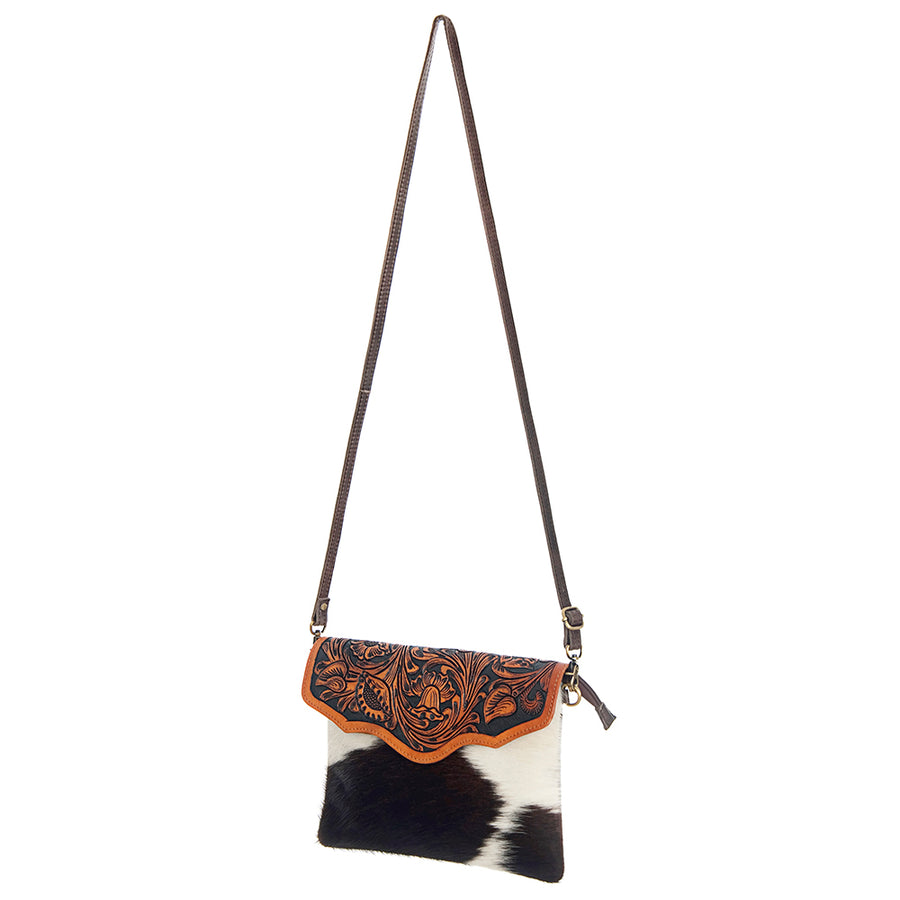 American Darling Envelope Bag Handcrafted from Hand Tooled Floral Leather & Hair-On Cowhide with YKK Zipper