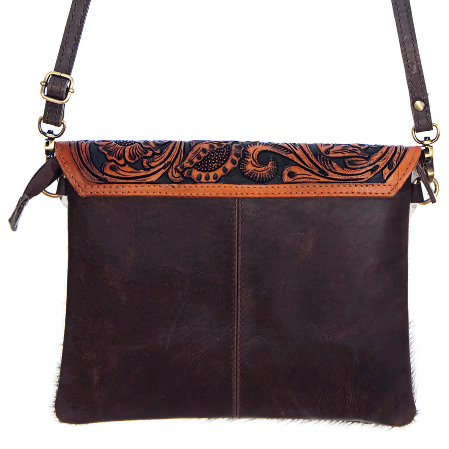 American Darling Envelope Bag Handcrafted from Hand Tooled Floral Leather & Hair-On Cowhide with YKK Zipper