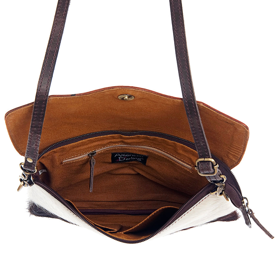 American Darling Envelope Bag Handcrafted from Hand Tooled Floral Leather & Hair-On Cowhide with YKK Zipper