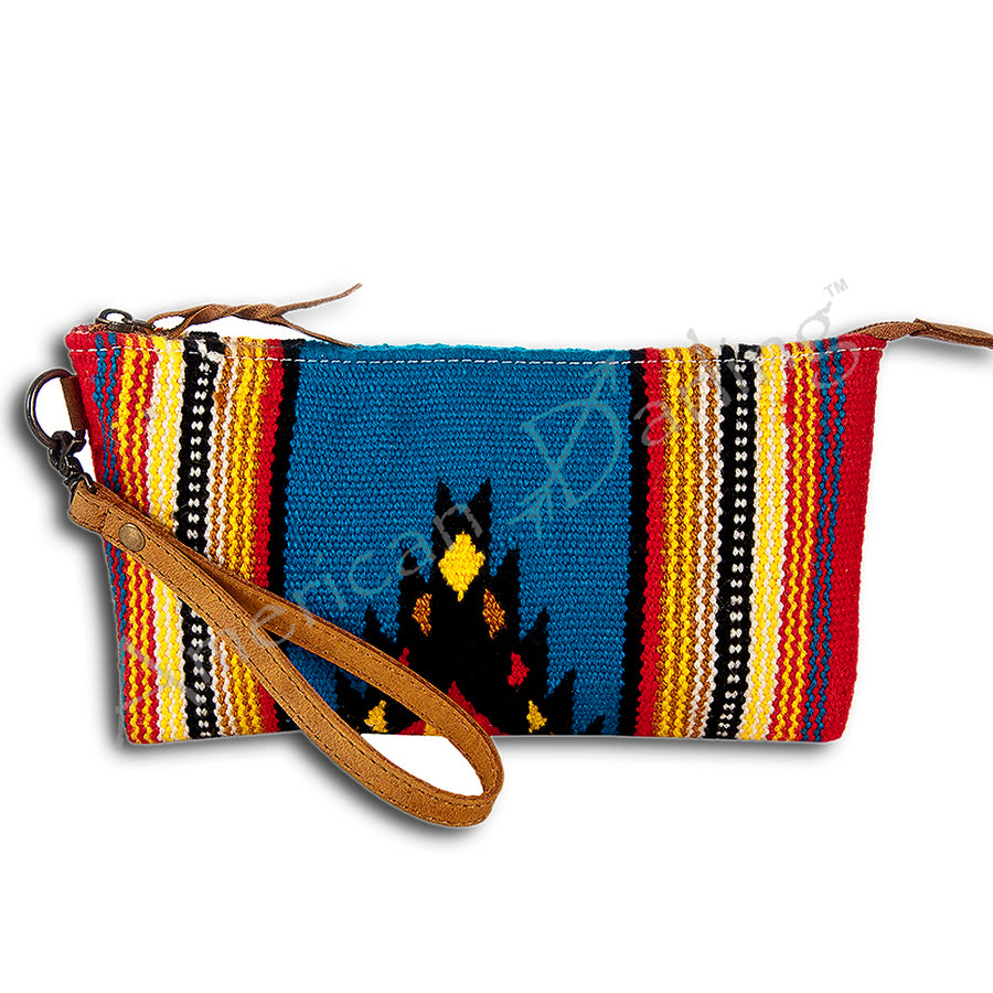 American Darling Western Leather Wristlet Bag with Hand Woven Saddle Blanket and Tooled Accents - Uhorse