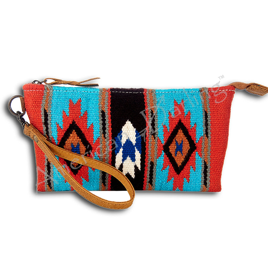American Darling Western Leather Wristlet Bag with Hand Woven Saddle Blanket and Tooled Accents - Uhorse
