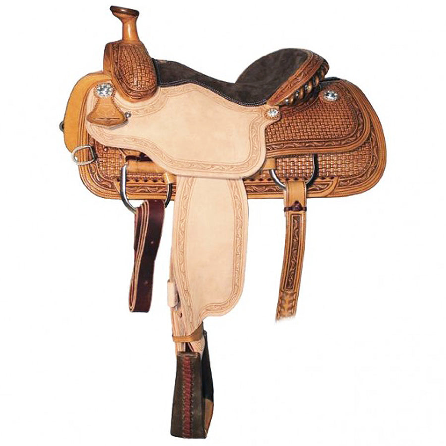 Tooled leather western saddle with cream seat and brown fenders - Uhorse