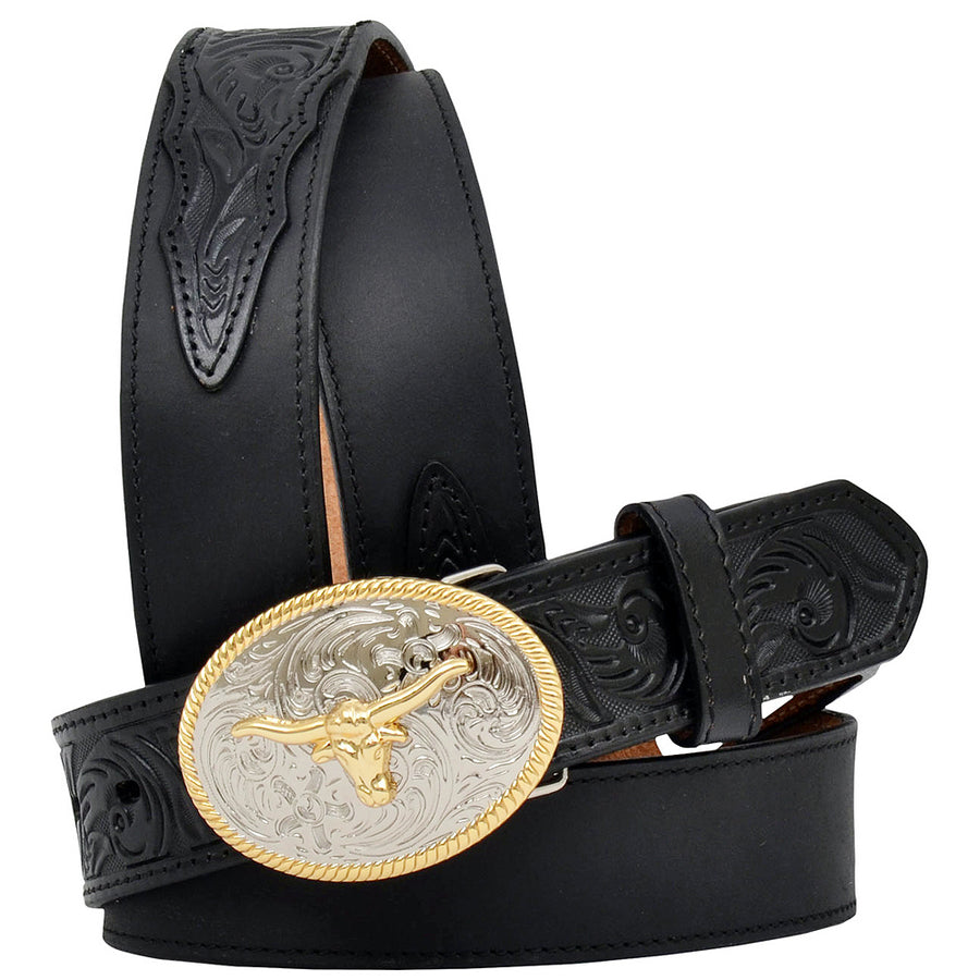 28 In 3D Belt Western Boys Basic Longhorn Floral Leather Black - Uhorse