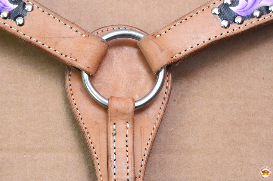 HILASON Western Horse Genuine Leather Headstall Breast Collar Floral Printed Tan