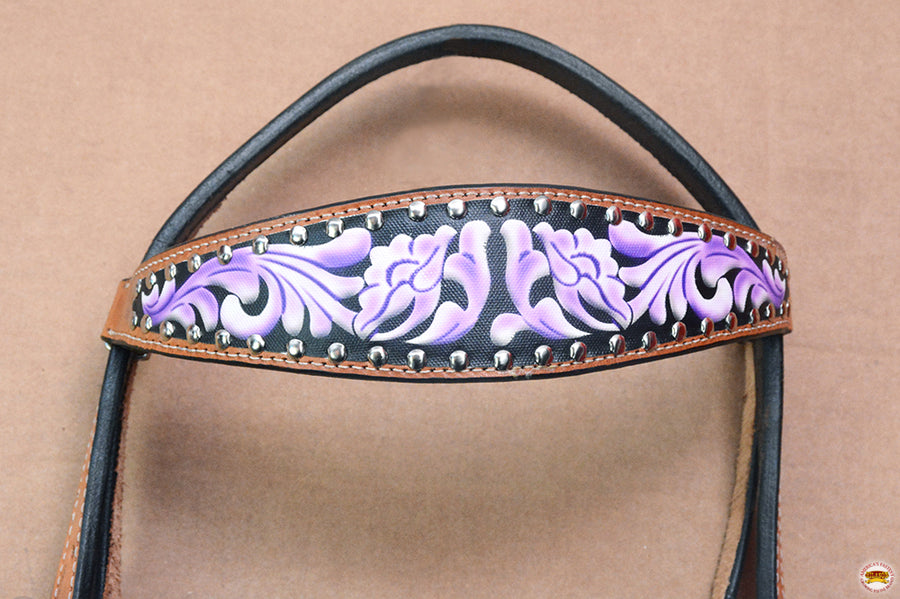 HILASON Western Horse Genuine Leather Headstall Breast Collar Floral Printed Tan