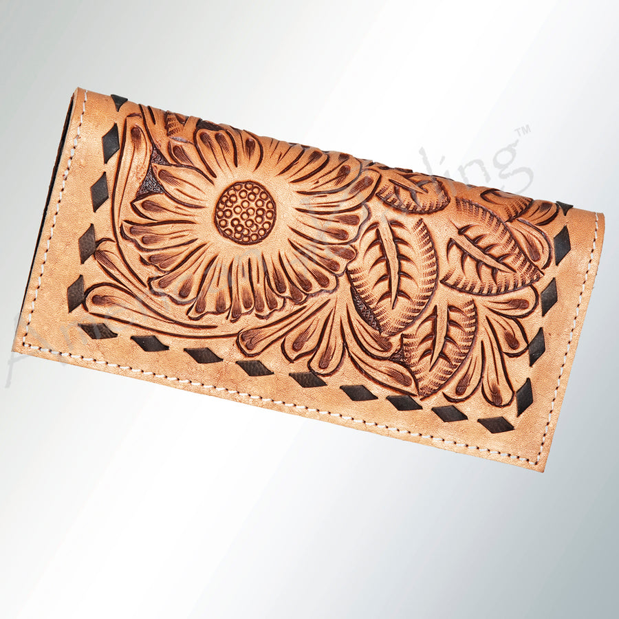 American Darling Wallet Bag - Hand Tooled Floral Leather and Buck Stitched Western Wallet - Uhorse