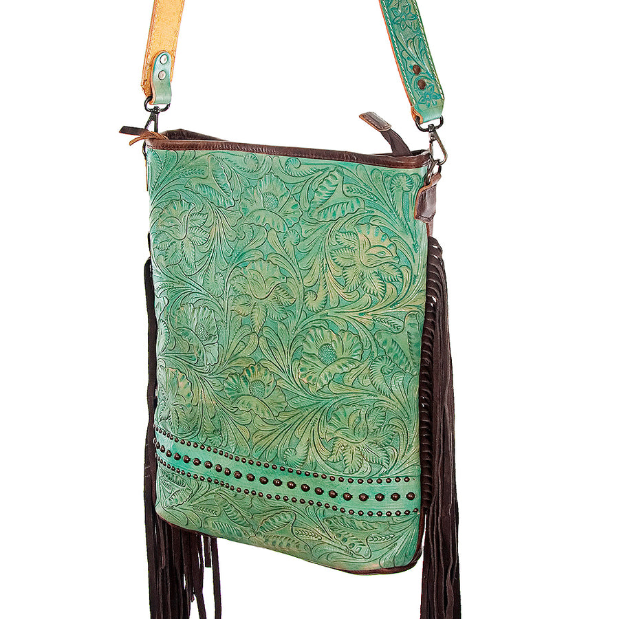 American Darling Large Cross body Bag Handcrafted from Hand Tooled Floral Leather with Rivets Embossed Detail and Fringes