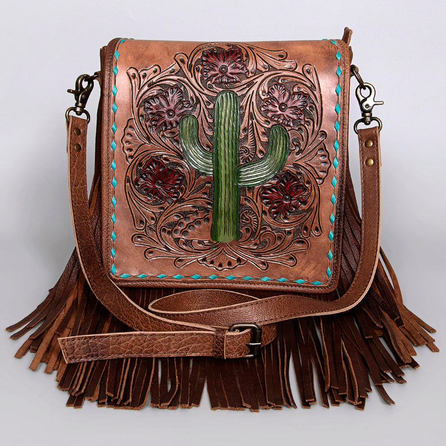 American Darling Messenger Bag Handcrafted from Hand Tooled Cactus & Floral Leather with Fringes and YKK Zipper