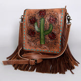 American Darling Messenger Bag Handcrafted from Hand Tooled Cactus & Floral Leather with Fringes and YKK Zipper