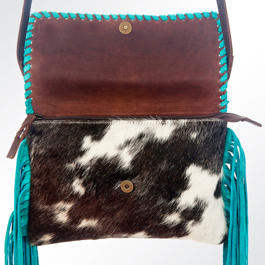 American Darling Wallet Bag Handcrafted from Hair-On Cowhide & Genuine Leather with Fringes, Concho, and YKK Zipper