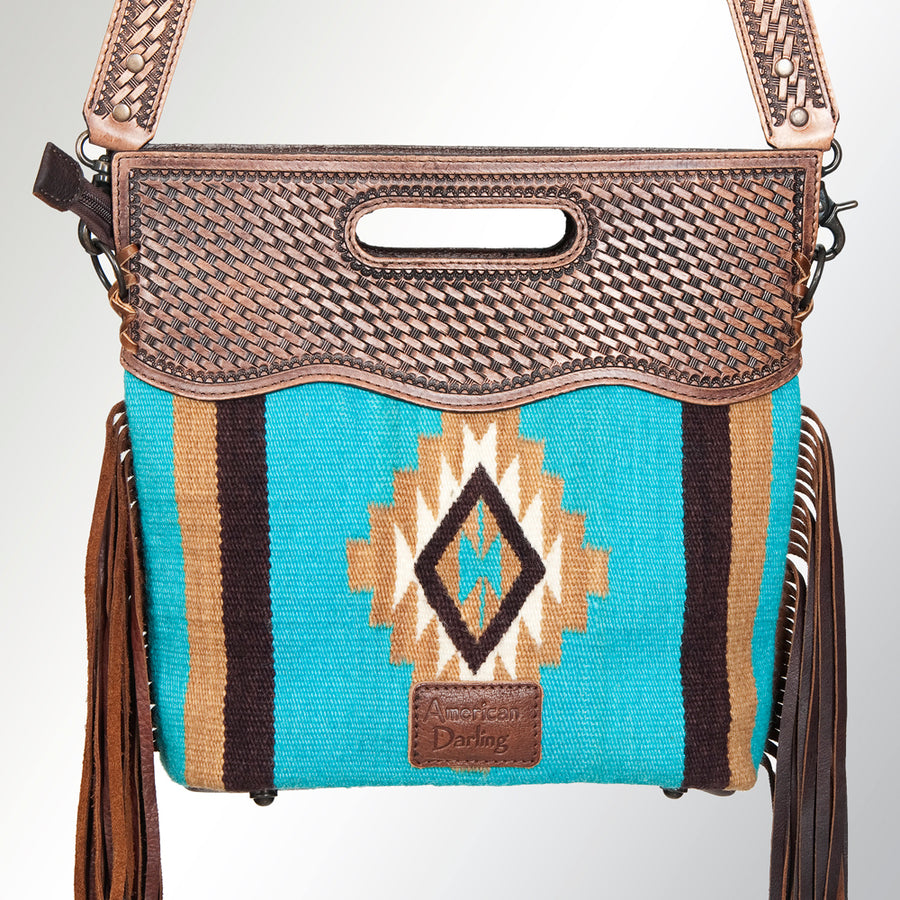 American Darling Cross body Bag, Basket Weave Hand-Tooled Leather, Hand Woven Saddle Blanket with Fringes, Western Shoulder Purse