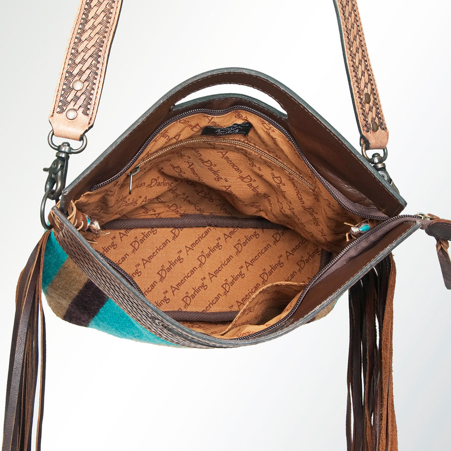 American Darling Cross body Bag, Basket Weave Hand-Tooled Leather, Hand Woven Saddle Blanket with Fringes, Western Shoulder Purse